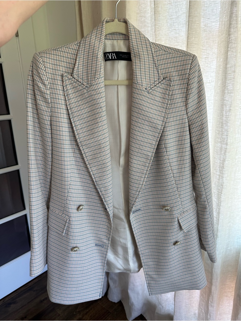 ZARA Pink & Blue Plaid Double-Breasted Blazer